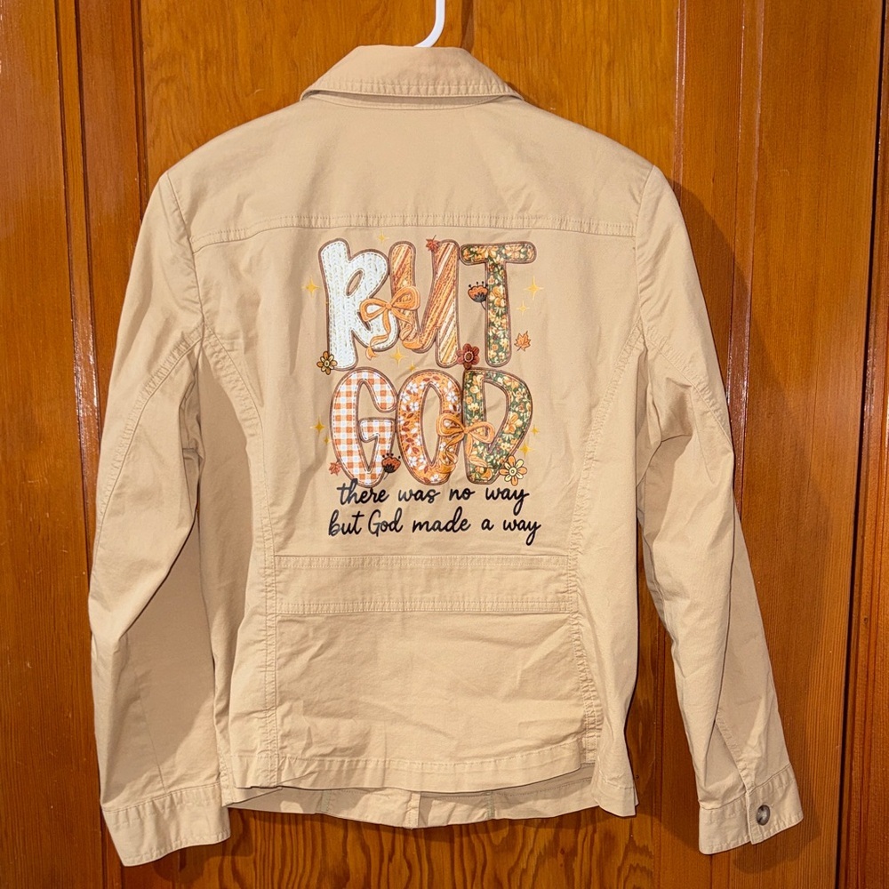 St. John's Bay Tan Jean Jacket with Embroidered Design